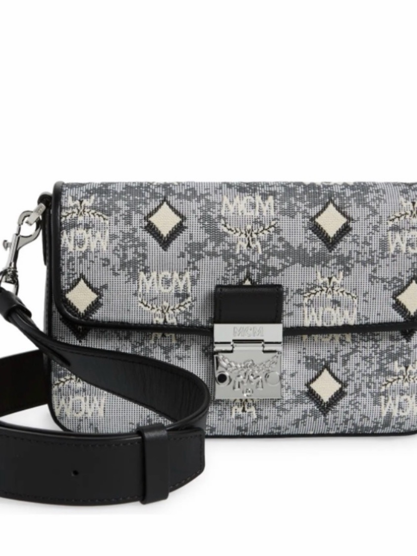 Brand New Mcm Gray Patterned Crossbody With Black Trim